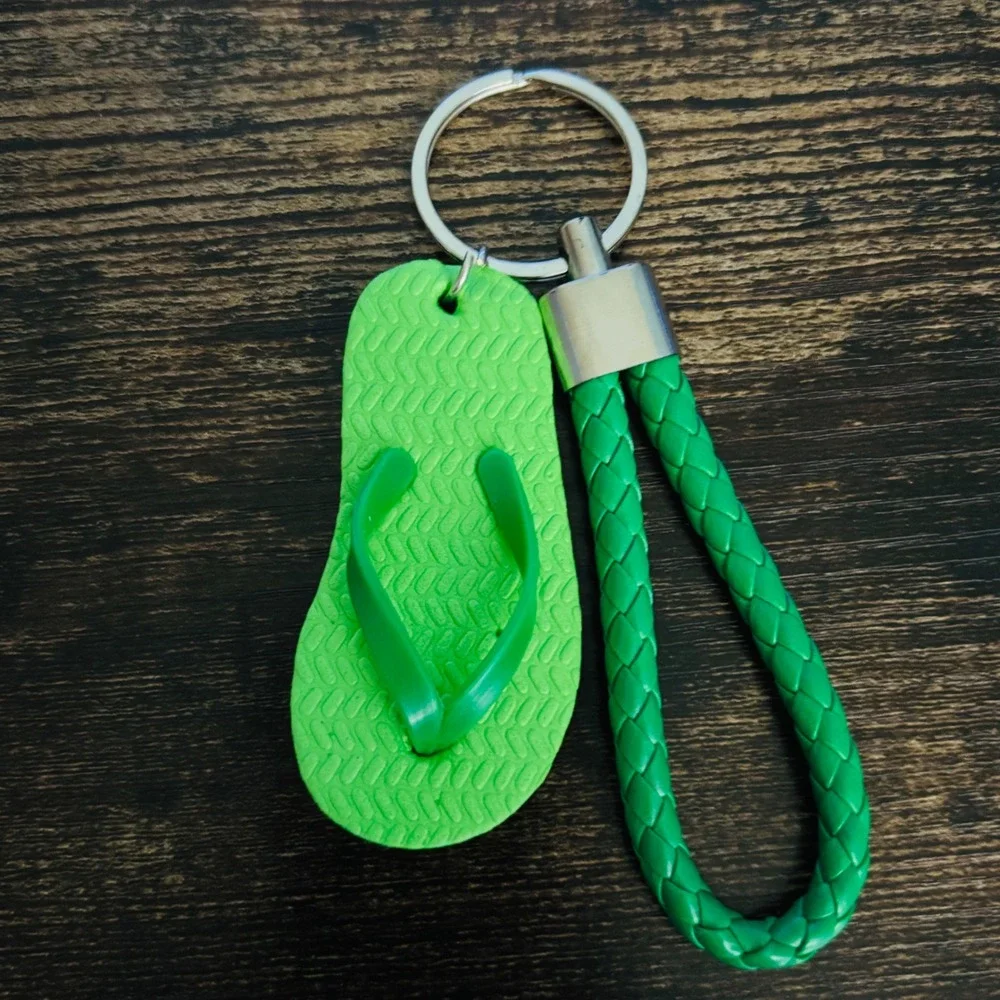 Green Flip Flop Keychain Braided Wristlet Strap Summer Beach Bag Charm Accessory